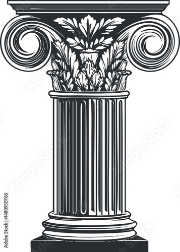 Detailed black and white illustration of a classical Corinthian architectural column with ornate capital and fluted shaft