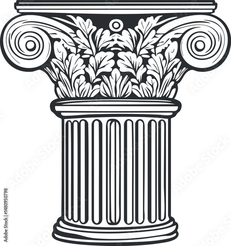 Black and white vector illustration of a classical ionic architectural column capital with floral and scroll details.
