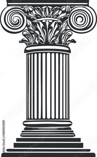 Detailed black and white illustration of a classical Corinthian architectural column with ornate capital and fluted shaft