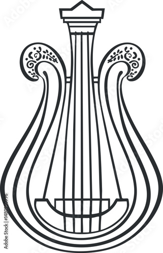Black and white outline illustration of an ancient lyre string musical instrument with decorative details