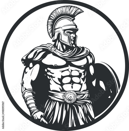 Black and white illustration of a muscular ancient warrior wearing a helmet and cape holding a shield