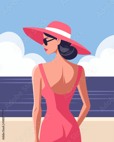 Elegant woman in dress and hat on the beach. Summer time, vacation concept. Travel illustration.