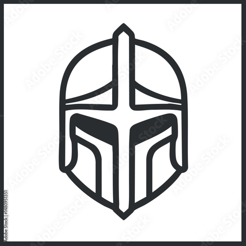 Black and white medieval knight helmet icon with detailed front face and protective design