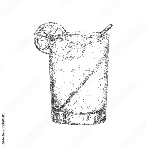 Hand drawn vector cocktail and drink with retro pop art stipple texture. Noisy gritty dot halftone effect, vintage ink sketch for cafe, Italian style.