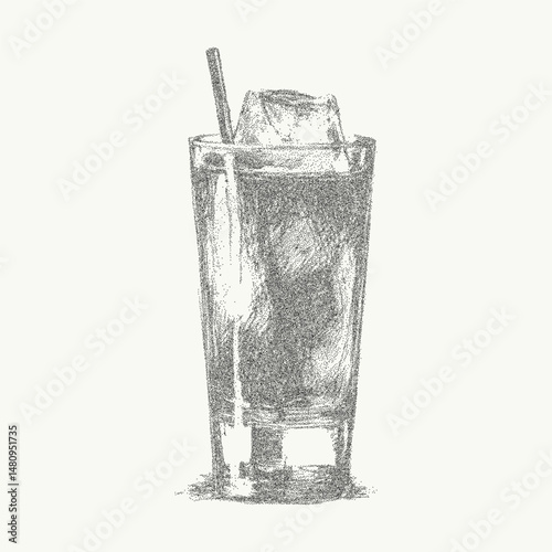 Elegant hand drawn Italian style aperitivo drink and cozy cafe cocktail, vintage ink sketch. Noisy gritty dot halftone texture, retro pop art stipple shading.