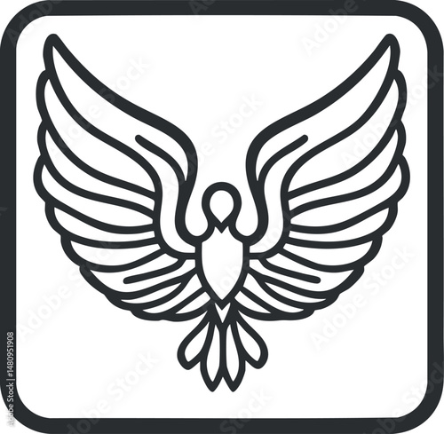 Simple black outline illustration of a bird with wings spread wide in flight symbol