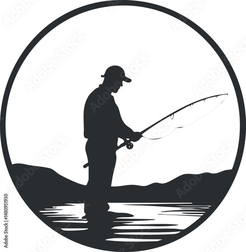 Silhouette of a man fishing with rod and reel standing in water at lake during outdoor leisure activity.