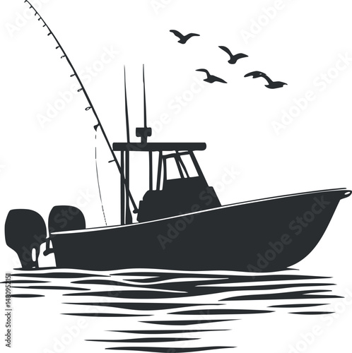 Silhouette of a fishing boat with fishing rod on calm water and birds flying overhead