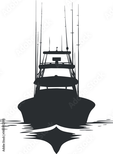 Silhouette of a fishing boat with multiple fishing rods on water creating reflections in calm sea.