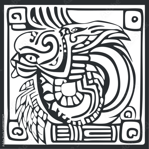 Black and white aztec style tribal illustration with detailed ornamental design and mythological creature