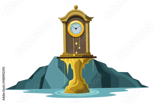 The image is a colorful cartoon illustration of an antique grandfather clock with a golden pendulum, standing on a rocky formation surrounded by water.
