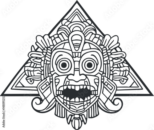 Black and white tribal Aztec or Mayan mask with intricate patterns and triangular background symbolizing ancient culture.