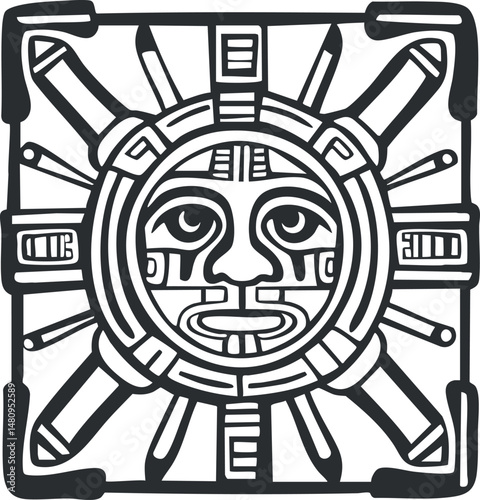 Stylized black and white Aztec sun calendar stone with tribal face and geometric patterns