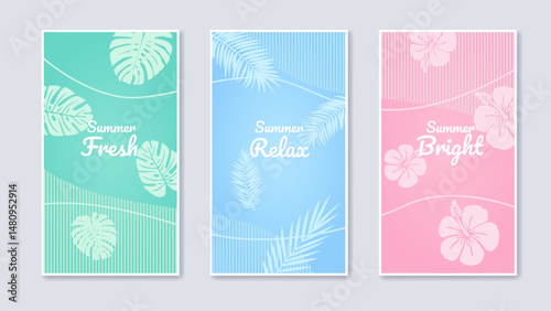 Summer card or poster template set with green, blue and pink background. Cover, banner, greeting card, poster or billboard design.