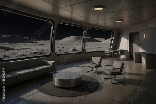 Fototapeta Naklejka Na Ścianę i Meble -  Futuristic lunar base interior living space with comfortable seating and stunning views of the moon landscape a beautiful home decor design