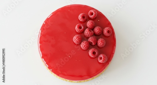 Delicious Raspberry Cake with Red Glaze and Fresh Berries on White Background