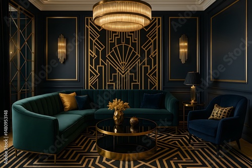 Luxurious art deco inspired living room featuring teal velvet sofa and elegant gold accents home decor interior design