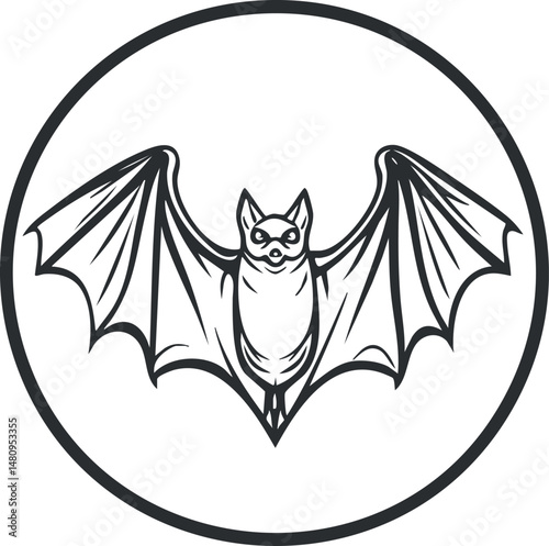 Black and white vector illustration of a bat with wings spread inside a circle symbolizing nocturnal wildlife and nature