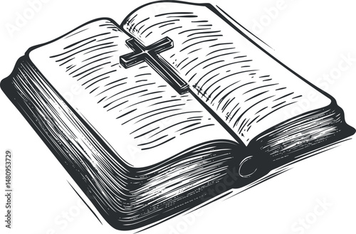 Black and white illustration of an open Bible with a cross placed on its pages representing Christian faith and spirituality
