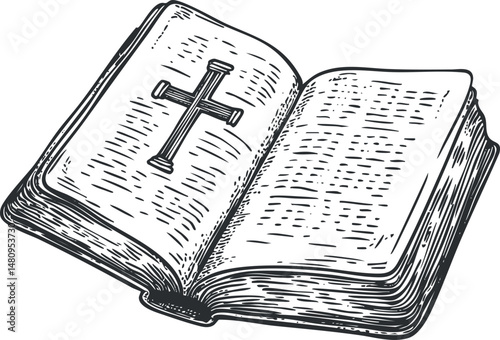 Hand drawn black and white illustration of an open bible with a cross on one page and text on the other