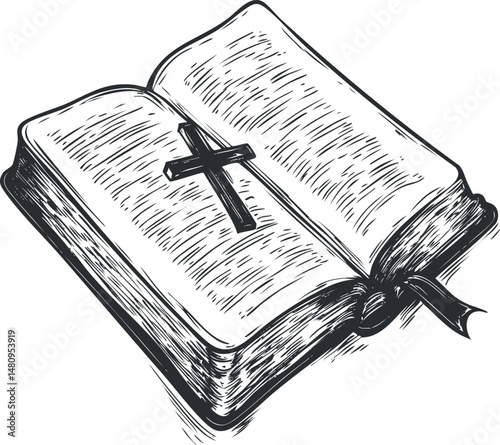 Black and white illustration of an open Bible with a cross on its pages representing Christianity and faith
