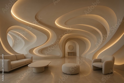 Modern and minimalist living room interior design with curvilinear architecture and subtle ambient lighting perfect for home decor