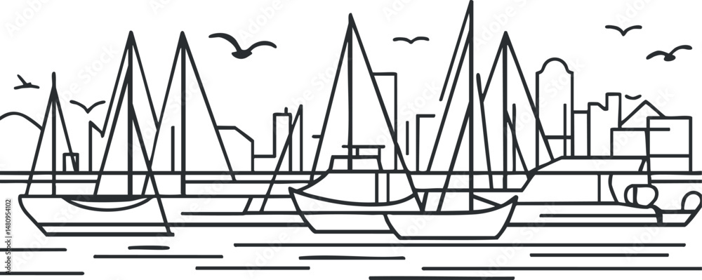 Fototapeta premium Black and white line art illustration of sailboats docked in a harbor with city skyline and seagulls flying above.