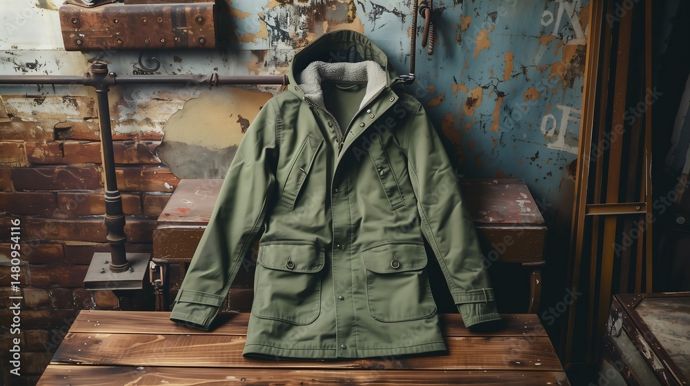 Fototapeta premium Parka jacket on wooden table with urban industrial background,fabric texture visible,person,design