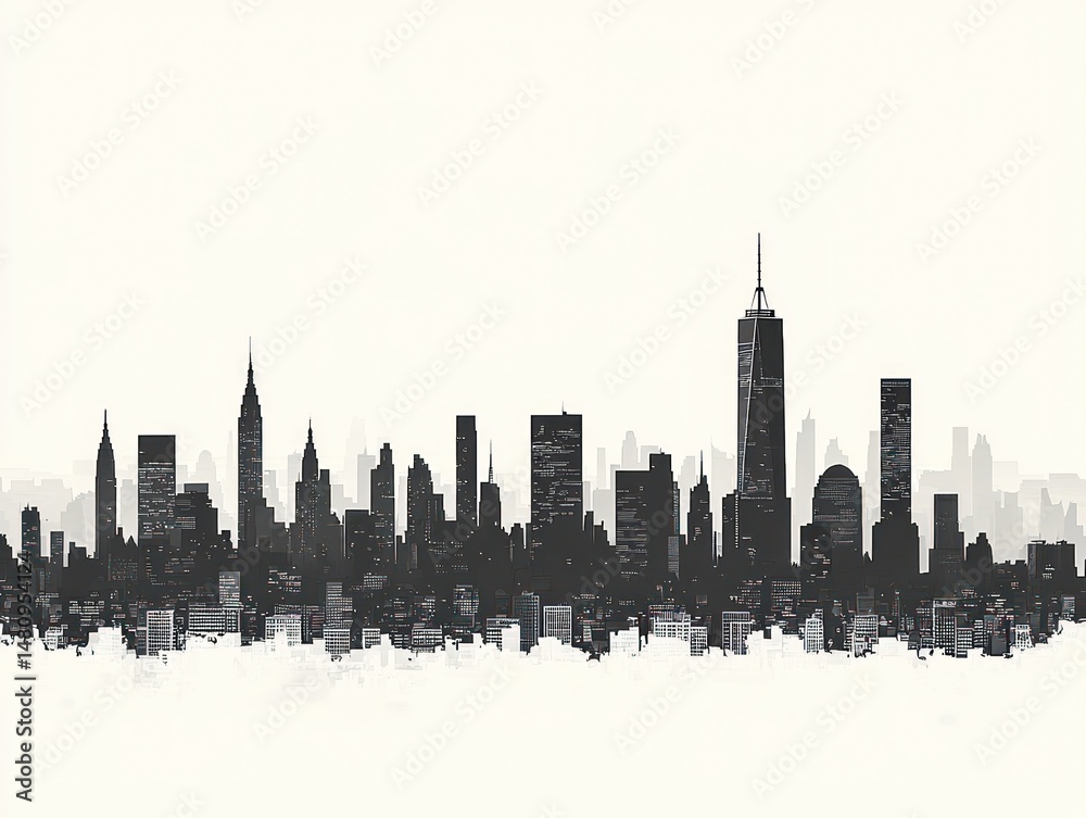Naklejka premium Monochromatic cityscape skyline, showcasing various building heights and architectural styles against a stark white background