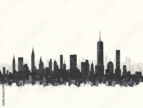 Monochromatic cityscape skyline, showcasing various building heights and architectural styles against a stark white background