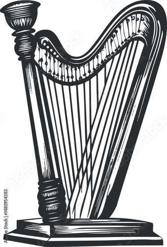 Black and white vintage illustration of a classical harp musical instrument with strings