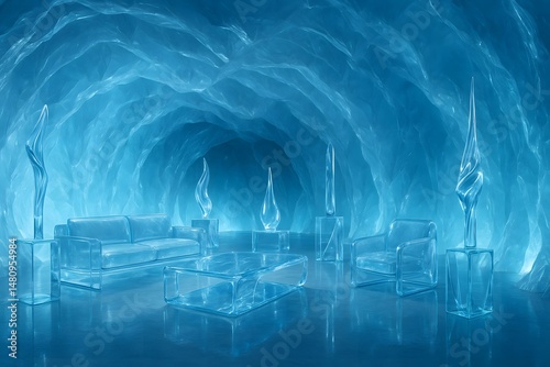 Surreal ice cave interior with transparent furniture and sculptural home decor elements creating a unique modern aesthetic