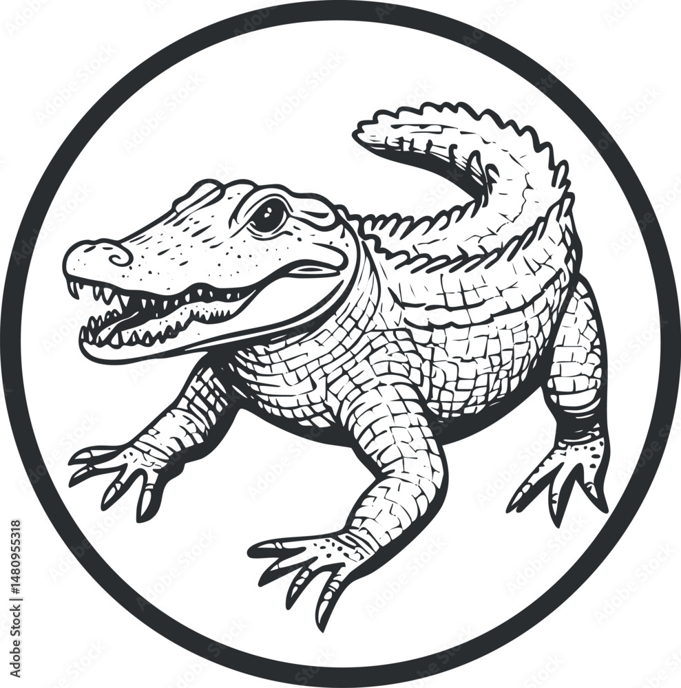 Fototapeta premium Black and white detailed illustration of a crocodile inside a circle showing its sharp teeth and scaly body