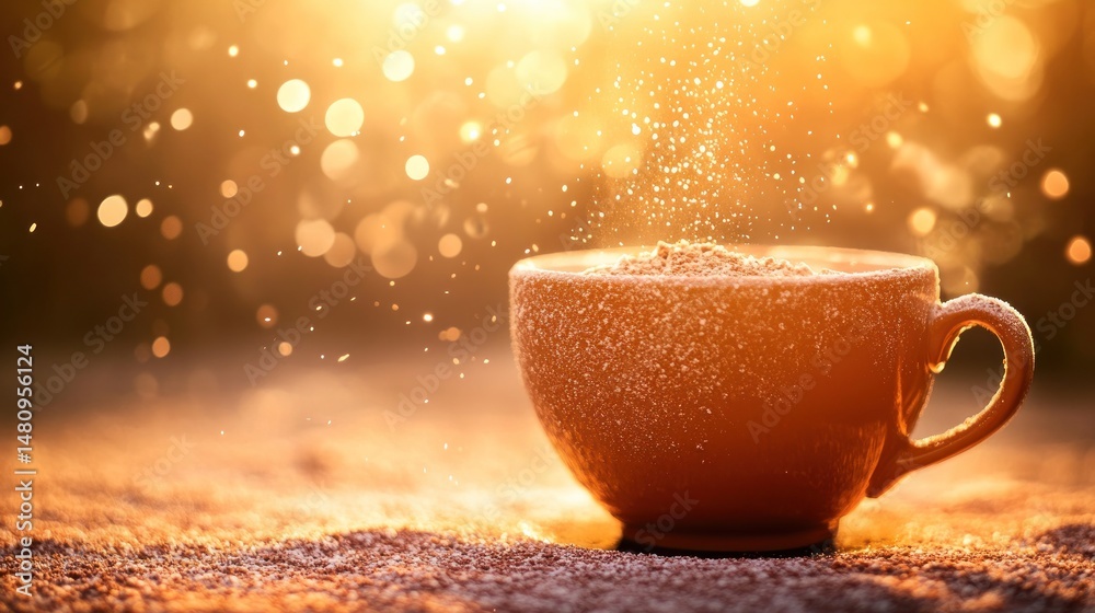 Obraz premium Golden hour cocoa cup warm drink cozy winter vibes