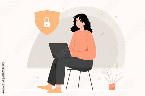 Woman sits on chair, using laptop, secure online shield icon above, illustrating online security and privacy concept