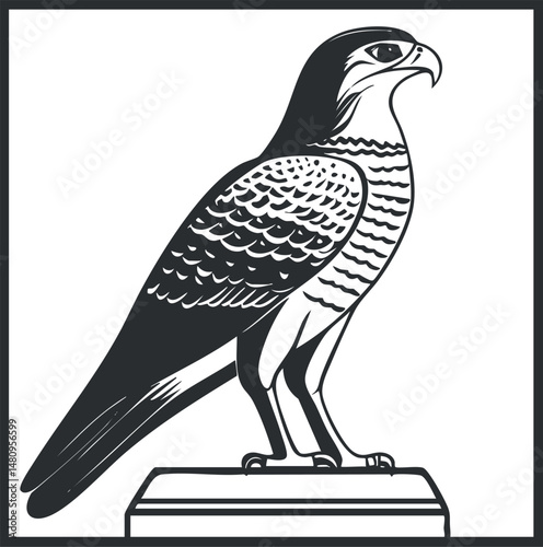 Black and white vector illustration of a falcon perched on a pedestal showing detailed feathers and sharp beak.