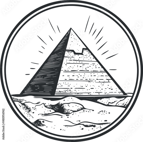 Black and white illustration of an ancient pyramid in desert landscape with sun rays and surrounding sand