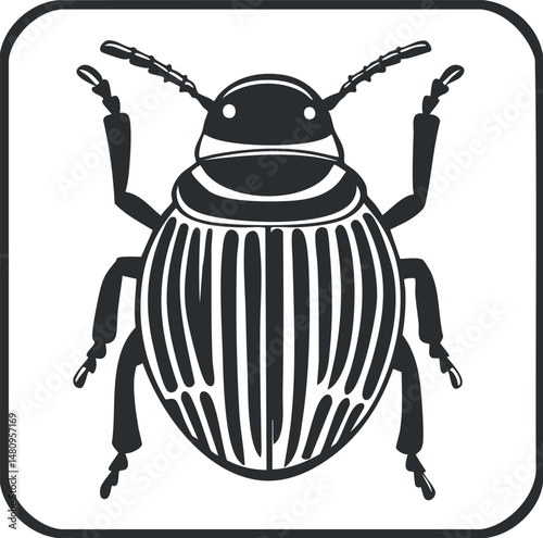 Black and white beetle icon illustration showing detailed striped shell and antenna on white background