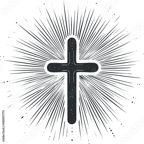 Black Christian cross with radiant light rays background symbolizing faith and spirituality