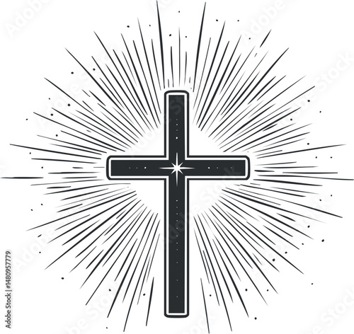 Black cross with radiant light burst behind symbolizing faith, spirituality, and divine power