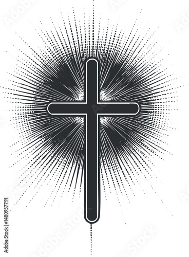 Vector illustration of a black Christian cross with radiant light burst background symbolizing faith and spirituality