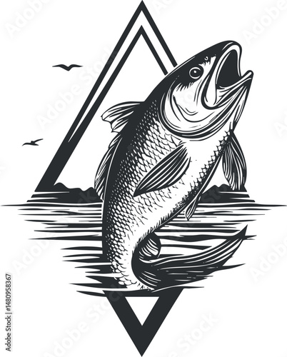 Black and white illustration of a fish jumping out of the water with birds and a triangular frame in the background
