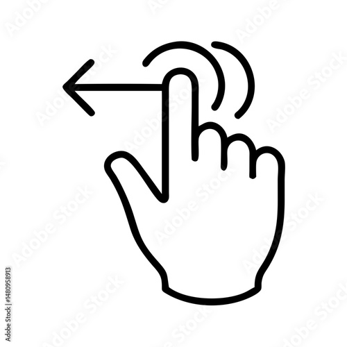 Minimalist black and white icon of a hand swiping left gesture with motion lines, touchscreen interaction symbol, isolated on white