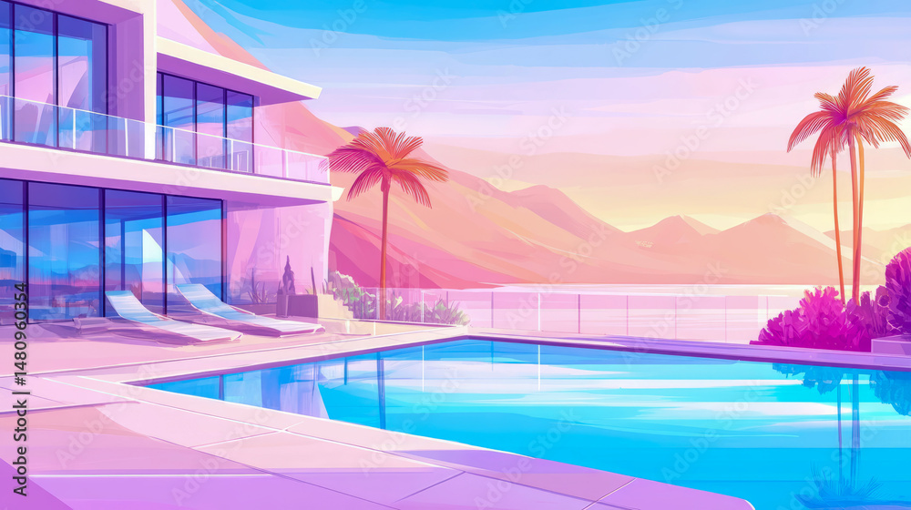 Fototapeta premium Coastal Oasis: A luxurious home with pool and palm trees at a serene tropical sunset