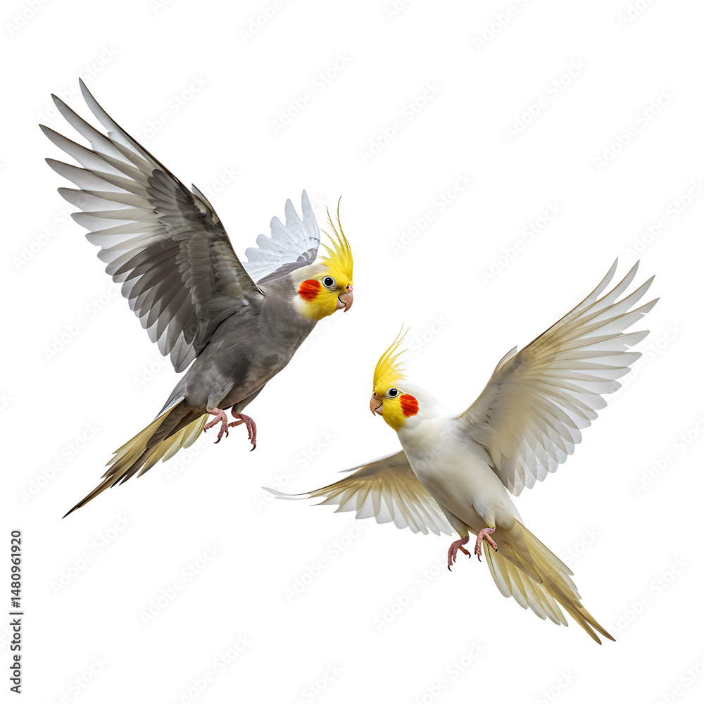 Naklejka premium Realistic Cockatiel Pair Flying Isolated Background