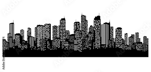 black silhouette of a big city with skyscrapers and windows or a panorama of a city without a background