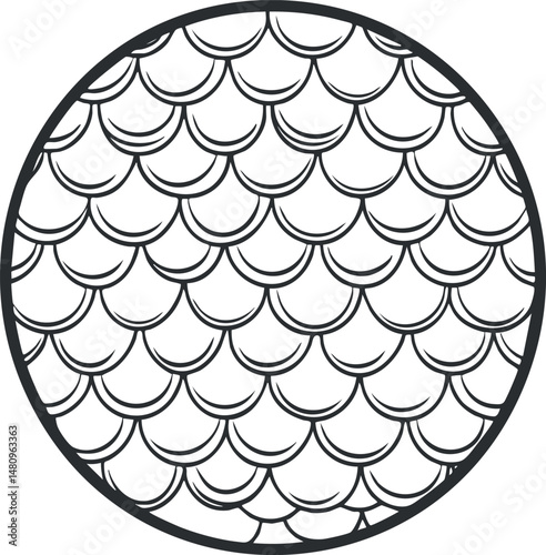 Black and white circular pattern of repetitive fish scale shapes with curved outlines