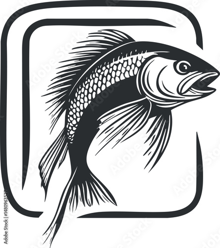 Black and white vector illustration of a fish with detailed scales and fins in a square frame