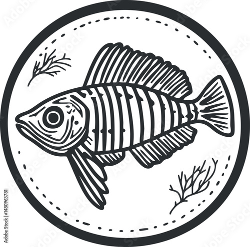 Black and white line art illustration of a fish inside a circular frame with seaweed elements