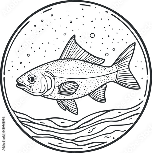 Black and white line art illustration of a fish swimming underwater within a circular frame with water and bubbles